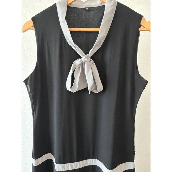Bow Tie Dress Medium Dark Coquette Sheer Hem Sleeveless Retro Mod Parisian Style - Picture 9 of 11